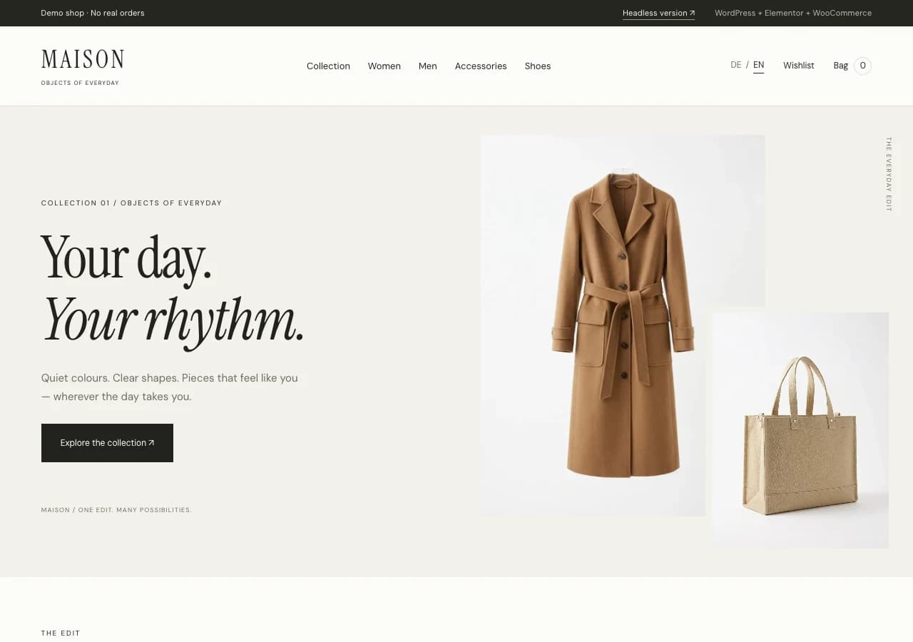 MAISON homepage in WordPress + WooCommerce