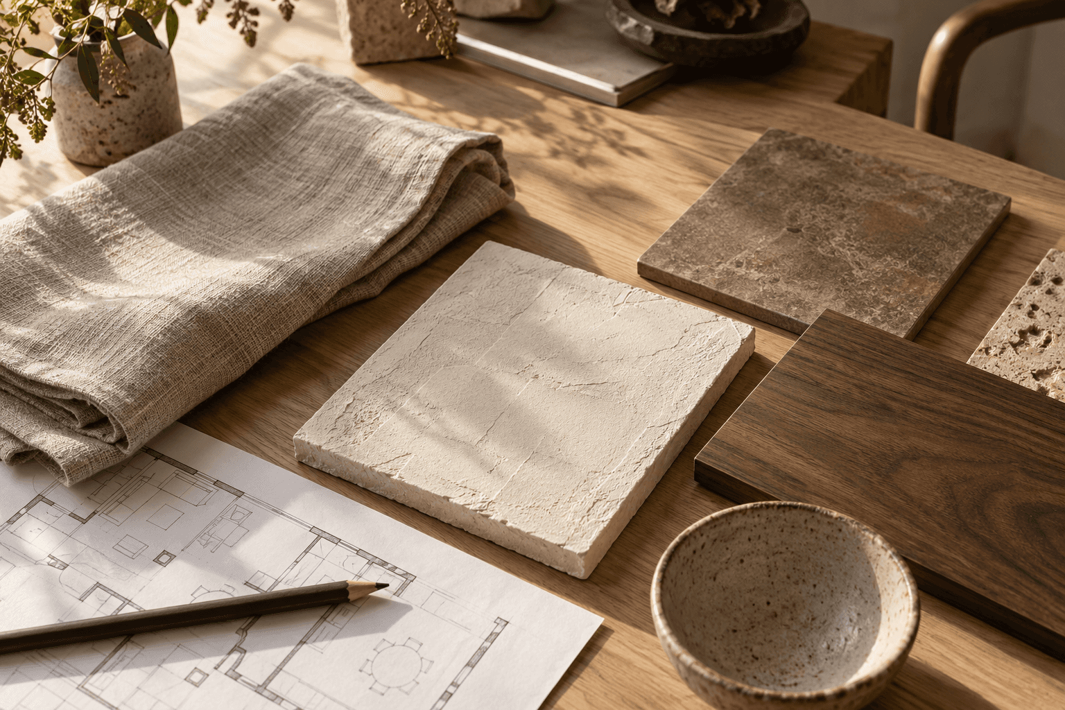 Concept image of linen, wood, plaster samples and a ceramic bowl on a worktable