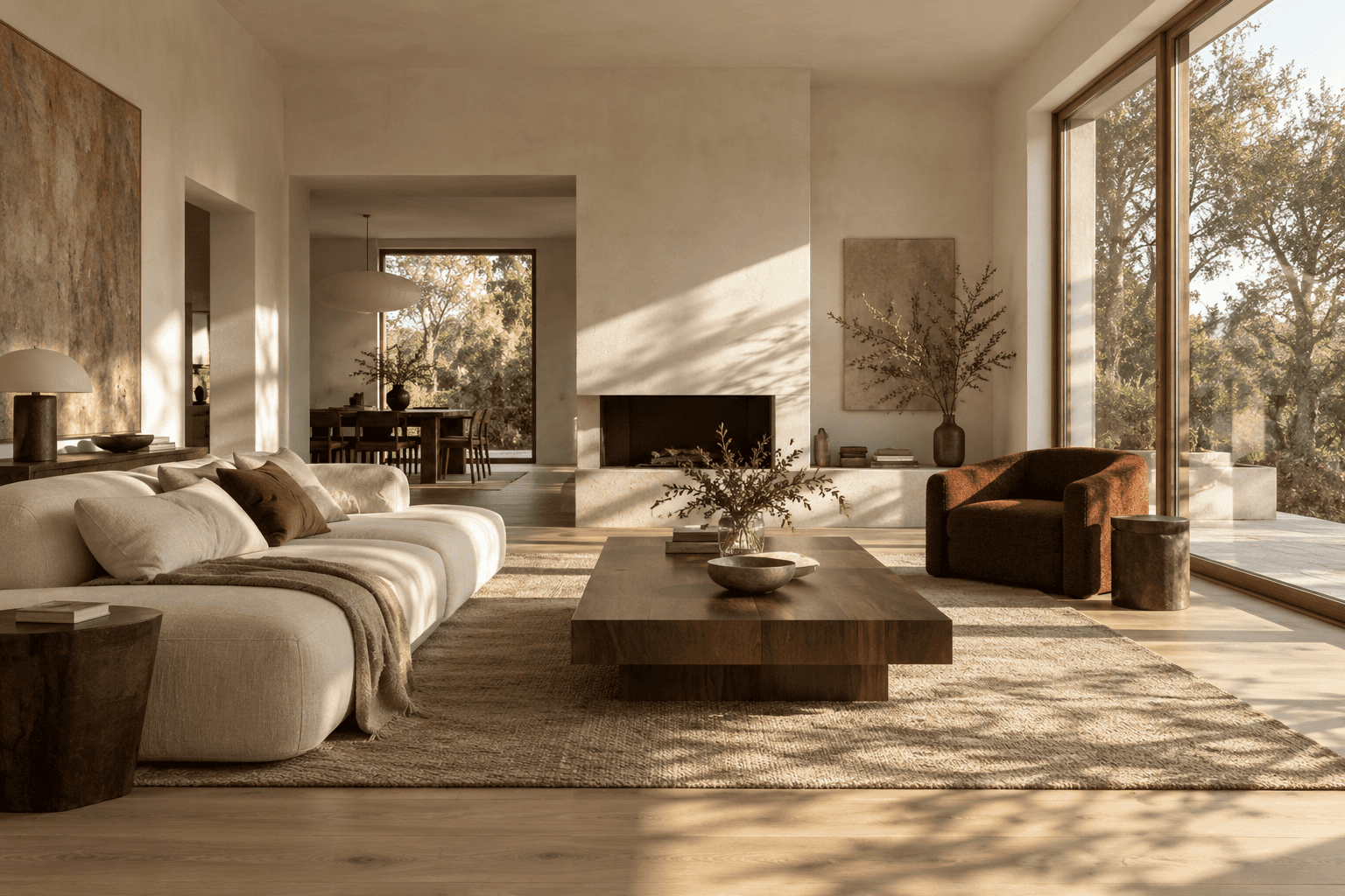 Concept of a bright living room with linen sofa, wooden table and tall windows